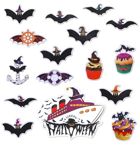 16pcs Halloween Fridge Magnets, Bat Halloween Cruise Door Decorations Black Rubber Refrigerator Magnet Clear Printing Halloween Garage Door Magnets for Carnival Cruise Yacht Boat Car