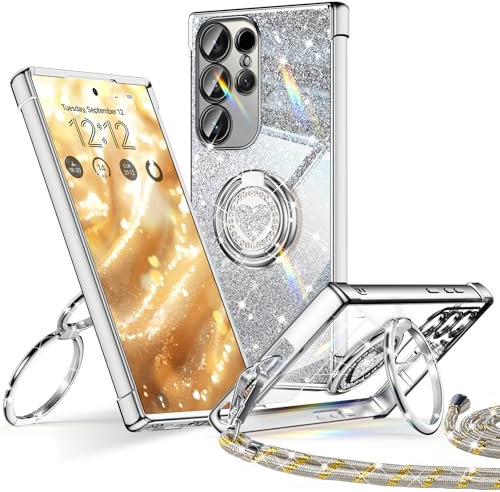 XYZ Coque pour Samsung Galaxy S22 Ultra Con Cordon, Mignonne et Luxueuse, Double Anneau Motif Cœur d'amour pour Femmes et Filles, Pailleté Souple Coque Samsung S22 Ultra, Argent