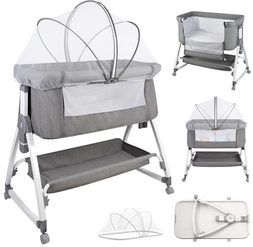 HUOLE Beistellbett, 2 in1 Baby Bett ab Geburt bis 25 kg, Zustellbett 6 Höhenverstellung, mit Matratze/Faltbare Seitenwand/Räder, Netzgewebe Kinderbett-80 * 40 * 100-115cm – Leinen