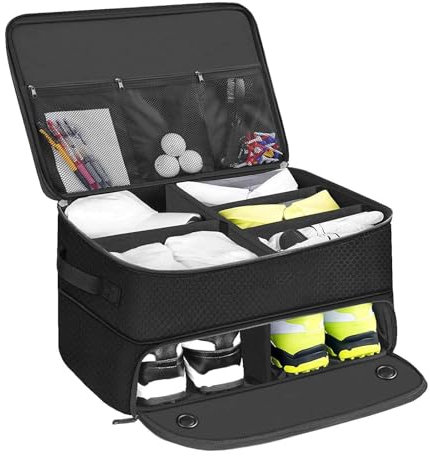 Golf Trunk Organizer, Golf Accessory Organiser, 2 Layers Golf Car Locker with Separate Compartment, Golf Trunk Storage for Balls, Tees, Clothes, Gloves, Accessories