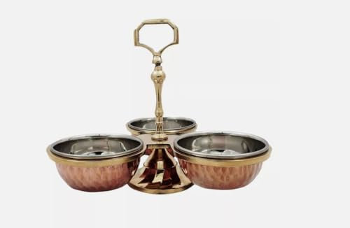 Copper Steel Condiments Serving, Sauce Holder, Pickle Holder Set, 3 Bowls Dish Rack, Tableware, Serveware, Traditional Dinnerware