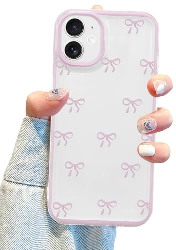 Jusy Compatible with iPhone 11 Bow Phone Case, Cute Clear Pink Ribbon Bowknot Pattern Aesthetic Soft TPU Transparent Cases Full Camera Protective Phone Cover for Women Girly - Pink
