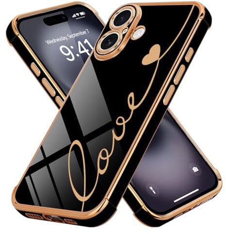 LCHULLE Compatible with iPhone 16 Case for Women Girls,Cute Luxury Plating Love Heart Design Soft TPU Cover Shockproof Full Camera Lens Protection Phone Case for iPhone 16 6.1 inch,Black