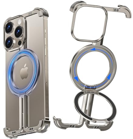 NIFBANG Frameless Phone Case for iPhone 16 Pro with Kickstand,360° Rotatable Magnetic Ring Stand,Aluminum Metal Slim Bumper Grade Shockproof Protector Cover for iPhone 16 Pro,Natural Titanium