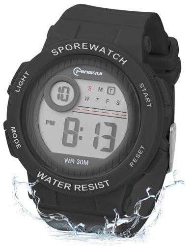 OFFCUP Digital Uhren für Kinder, Wasserdicht Kinderuhr Digital, Kinder PU Armbanduhr Sports Outdoor Digitaluhr mit Wecker Datum Stoppuhr Led Lichter Uhr -Schwarz