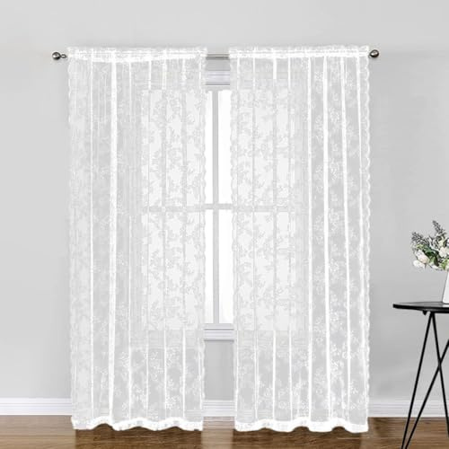 Whakano 2 Stück Spitze Vorhänge Dekorative Gardinen,Blumen Muster Gardinen Transluzente Verdunklung Gardinen für Küche Wohnzimmer Luftig Dekoschal für Schlafzimmer,Heimdekoration,Weiß,W100xL200cm