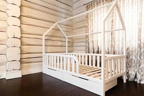 Mandrele - Montessori Bett, Hausbett mit Lattenrost und Schubladen, Rausfallschutz Bett, Bodenbett, Kinderbett, Holzbett mit Bettgestell für Jungen und Mädchen, 200x140cm, Weiß