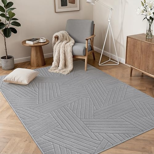 BEIMO Kurzflor Wohnzimmerteppich 120X160CM, Flauschiger Langflor rutschfest Boho Hellgrau Teppich mit 3D Optik, Waschbarer Moderner Teppich für Schlafzimmer, Küche&Flur