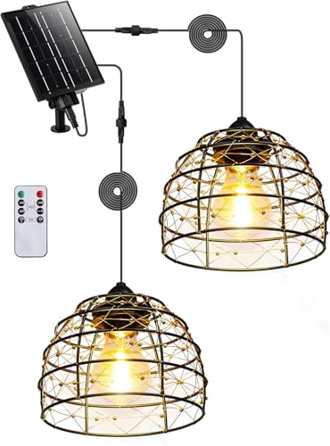 FabStyl Solar Hängeleuchte für Außen Innen, 1 Solarpanel versorgt 2 Boho Solarlampen mit Fernbedienung Helligkeit einstellbar, Timer IP65 wasserdicht für Garten Terrasse Pavillon Garage Balkon