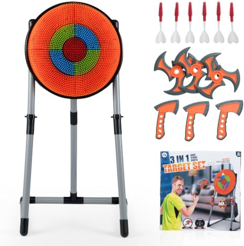 GYMAX 3 in 1 Throwing Game with 3 Throwing axes, 3 Ninja Darts, 6 Darts | Axe Throwing Target Set with PVC Frame & Hanging Hooks, Indoor Outdoor Yard Backyard Activity Carnival Games for Ages 6+