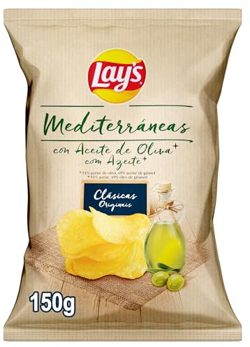 Lay's Mediterraneas, Patatas fritas con aceite de oliva, Producto de Aperitivo, bolsa individual, 150gr
