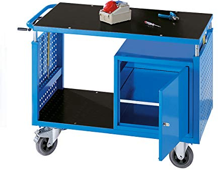 eurokraft | pro | Montagewagen | höhenverstellbar | 1 Ablageboden | 1 Schrank mit Fachboden | lichtblau