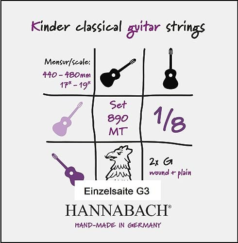 Cuerdas de guitarra clásica Hannabach Serie 890 MT para 1/8 guitarra para niños Escala: 44-48cm - Sol3 - 8903MT 1/8