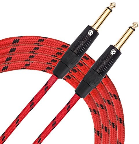 KLIQ Music Gear Guitar Instrument Cable, 10 Ft - Custom Series with Premium Rean-Neutrik 1/4 Straight Gold Plugs 10 Feet Red/Black Tweed