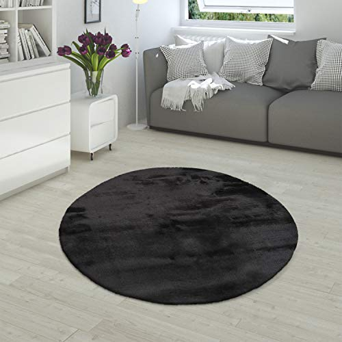 Paco Home Hochflor Teppich Wohnzimmer Super Softes Kaninchenfell Imitat Kunstfell Schwarz, Grösse:Ø 160 cm Rund