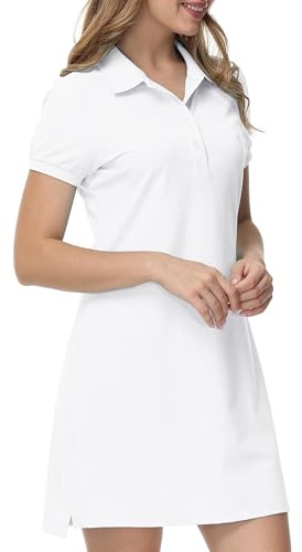 JINSHI Women's Polo Dress Short Sleeve Cotton Casual Sports Golf Tennis Dresses White Size US S