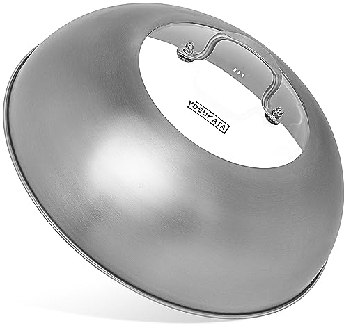 YOSUKATA Wok Lid 32.5 cm for Wok 34 cm - Premium Stainless Pan Cover with Tempered Glass Insert Steam Holes and Ergonomic Handle - Durable Asian Accessories -Dishwasher-Safe Lid