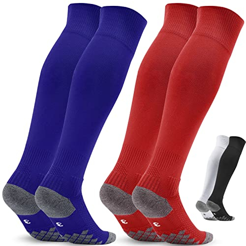 Stutzen Fussball Kinder Fussballsocken 2 Paar EU 35-38 - Jungen Fussballstrümpfe Fussballstutzen – Sportsocken Trainingssocke Sockenstutzen - für Fussball, Laufen, Training (Blau/Rot 2)