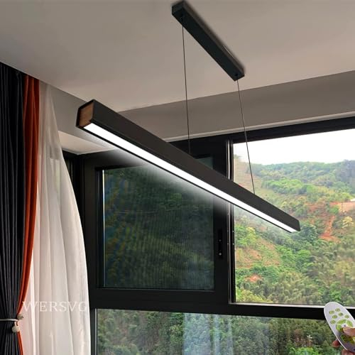 WERSVG Dimmbare LED Hängelampe Einfaches lineares Design Pendellampe Schwarz Büroleuchter Esstischlampe Höhenverstellbar Pendelleuchte für Wohnzimmer Inseltisch Esszimmer L150cm