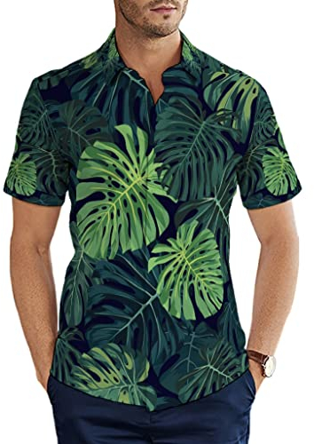 Herren Hemd Tropische Pflanze Dunkelgrüne Monstera Blätter Hawaii Hemd Lässig Kurzarm Sommerhemd für Strand Karneval Party Multicolor XL