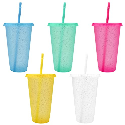 TSLBW Bunte Plastikbecher 5 STK Kunststoffbecher wiederverwendbar mit Deckelstrohhalmen, bunt, bruchsicher, Party-Becher, Trink-Becher, Party-Geschirr, Camping-Geschirr, Kinder