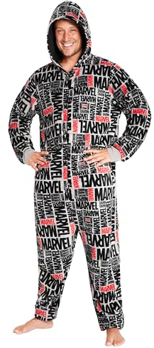 Marvel Pigiama Intero Uomo - Caldo Pigiamone in Pile con Cappuccio S-3XL - Pigiami Invernali Interi Gadget Regalo (Grigio/Nero Marvel, M)