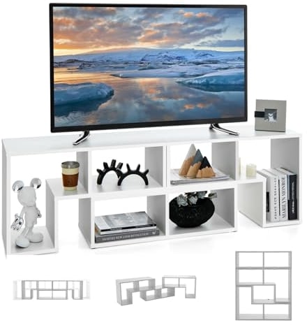 GIANTEX Meuble TV Combiné Libre avec Étagères Ouvertes, Meuble Télé 3 Pièces en MDF Jusqu’à 65 Pouces, Meuble TV Bois pour Salon Chambre et Bureau, 134-180x30x43 cm, Blanc