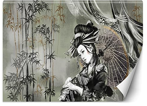 Feeby Fototapete Geisha Orient Bambus 400x280 cm Grün XXL Vlies Wandtapete Tapeten Wohnzimmer Schlafzimmer Jugendzimmer Moderne Design Wandbild Wand Dekoration Frau Abstrakt Aquarell