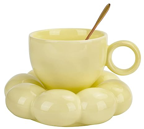 Jiotouhu Ensemble de Tasse à Café en Céramique - Créative et Mignonne Avec Cuillère, Sous-Verre Nuage de Tournesol, Pour Thé de l'Après-Midi (Jaune)