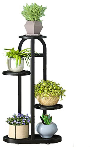 Metall Blumenständer Pflanzenständer, Blumenregal Pflanzenregal 4-stufige 5 Töpfe Pflanzenständer Mehrstöckiges Blumentreppe for Drinnen & Draußen (Color : Schwarz)