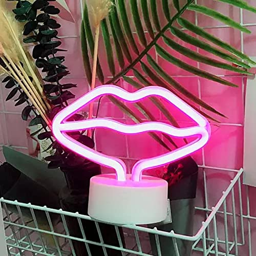 Neonlicht Lippen pink mit Fuß Sockel NEON LED Licht batteriebetrieben Aufsteller Tischlampe Leuchtreklame Lampe Leuchte Dekoration Kinderzimmer Schlafzimmer Beleuchtung Party Nachtlicht Stand