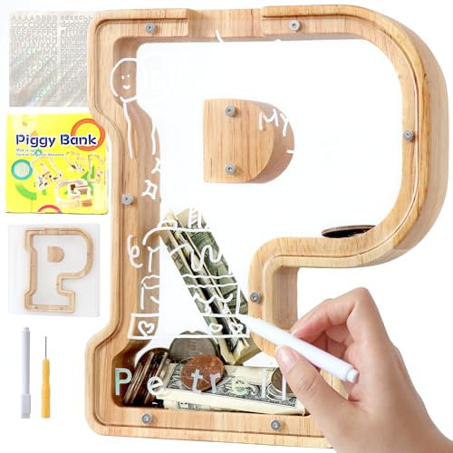Lakpopya Spardose Kinder Buchstaben aus Holz für A-Z Personalisiert Sparschwein Durchsichtig Alphabet Sparbox, Geschenk Dekoration Taufe für Jungen Mädchen (P)