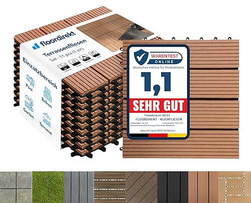 Floordirekt WPC Fliesen 30x30 cm, 1m² = 11 Terrassenfliesen, Klickfliesen, Balkonfliesen in Holzoptik - Bodenbelag für Balkon & Terrasse - wetterfest mit Drainagefunktion | Hellbraun | Royal