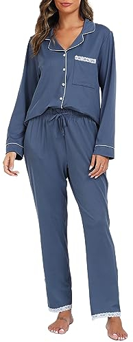 Vlazom Damen Schlafanzug Zweiteiliger Damen Pyjama mit Knopfleiste V-Ausschnitt Pyjama Set für Frauen Umlegekragen Lange Hose mit Gummibund Zweiteiliger Sleepwear(XXL,Dunstblau)