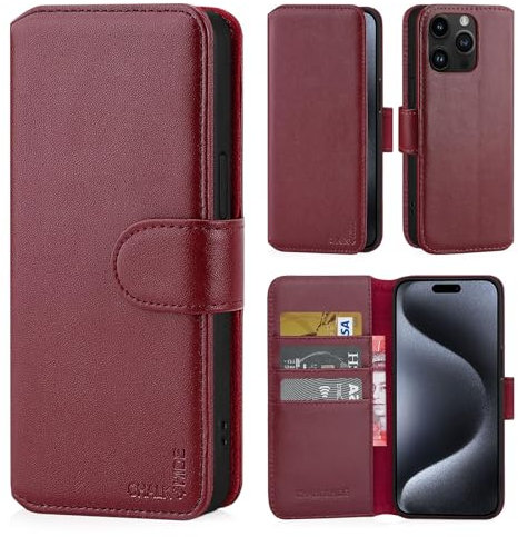 CHALK & HIDE - Real Leather Book Wallet Flip Case Cover For Apple iPhone 15 Pro Max (6.7), With RFID Blocking Card Slot, Magnetic Closure and Built In Stand - Burgundy