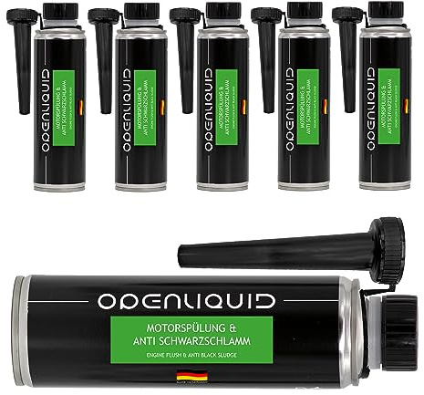 OPENLIQUID Motorspülung & Anti Schwarzschlamm - Motor Reiniger Additiv für Auto - vor dem Ölwechsel - Benzin- Gas- & Dieselmotoren - gegen Schlamm & Ablagerungen an Kolbenringen (6X 300 ml)