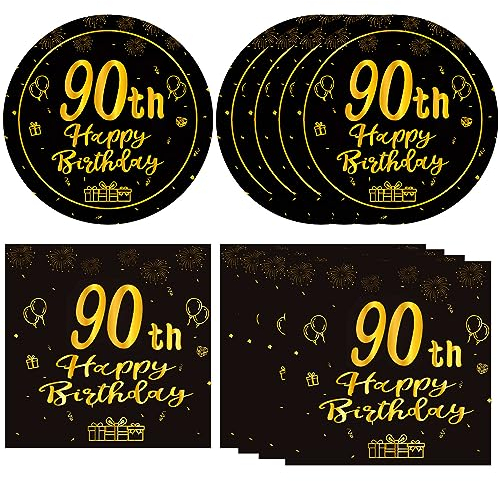KHAIVI 40PCS 90th Birthday Decorations - Black & Gold Plates & Napkins - Vintage 1934 Theme - Party Supplies for Men & Women