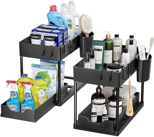 HSIULMY Kitchen Under Sink Organiser, 2 Pcs Under Sink Pull Out Storage 2 Tier Cleaning Storage Organiser, kitchen Essentials for New Home Utility Room Storage Solutions