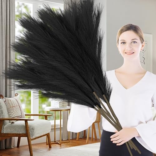 Lighterday 7 Pcs Pampas Grass Artificial 38/97cm Large PampasGrass Dried Tall Pampas Grass Floor Vases Fluffy Faux PampasGrass for Wedding Living Room Bedroom Boho Home Decor (Black)