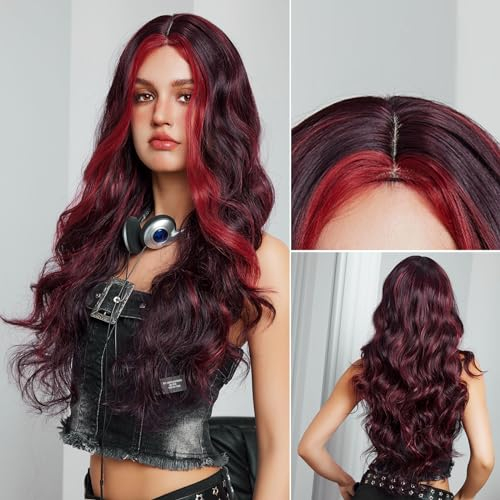 Kikone Wein Rot Highlights Perücke 5x2 HD Lace Front Perücke 26 Zoll Lange Klebelose Körper Welle Perücke für Schwarze Frauen 180% Dichte Realistische Menschliche Haar Lockige Perücken für Frauen