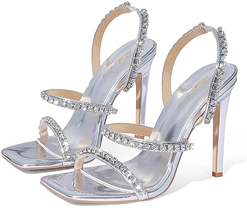 Zhabtuc Tacchi a Spillo con Punta Quadrata per Donne: Tacchi A Spillo da 11 cm, Punta Aperta, Sandali con Tacco, per Feste, Matrimoni, Scarpe da Sera, Strass argento, 40 EU