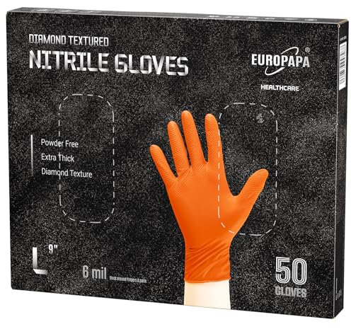 EUROPAPA® 50x extra Dicke Nitrilhandschuhe DiamantGrip Diamant Perfect Grip Einweghandschuhe Montageschutzhandschuhe puderfreier latexfreier Arbeitshandschuhe (6 mil, L, Orange)