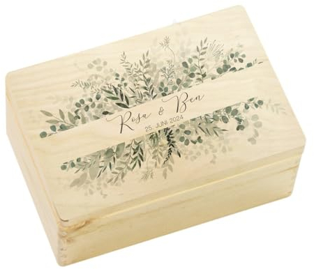 Erinnerungsbox Hochzeit Erinnerungskiste Geschenkbox Hochzeit Schatztruhe Hochzeit Hochzeitskiste für Brautpaar Holzkiste Hochzeit mit Gravur personalisiert Hochzeitsgeschenk (Eukalyptus, M)