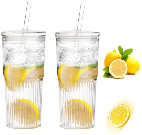 Vasos de Cristal de 600 ml Con Tapa y Pajita - 2 Unidades Para Batidos, Zumo, Café - Vasos Largos