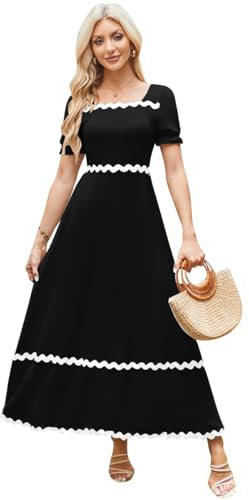 IWEMEK Women Summer Short Puff Sleeve Square Neck Ric Rac Dress Smocked Tie Back A-line Boho Flowy Long Maxi Dresses Holiday Casual Sundress Party Cocktail Wedding Guest Dresses Black L