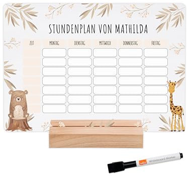 wunderwunsch® - Personalisierbarer & Abwaschbarer Stundenplan aus Acryl + Stift und Holzhalter - Einschulung Geschenk, Schultüte zum Schulanfang oder Grundschule (Boho Bär Giraffe,mit Holzhalter)