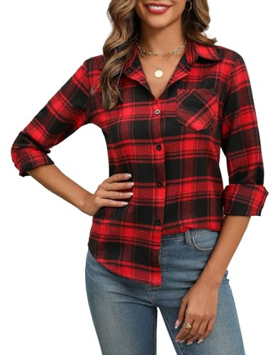 Zeagoo Chemise Femme a Carreaux Manche Longue Chemisier Col en V Chemisiers Chic et élégant Blouse Shirt Tunique Décontracté Bouton Down Haut Chaude Hiver Automne Rouge Noir L