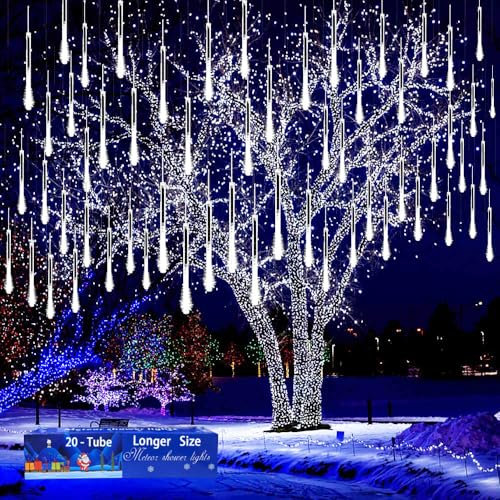 Kwaiffeo Christmas Lights: 20 Tube (Equivalent to 2 Sets of 10-Tubes) Meteor Shower Light Outdoor Christmas Decorations Icicle Lights for Xmas Tree Halloween Decoration Wedding Party Window, White