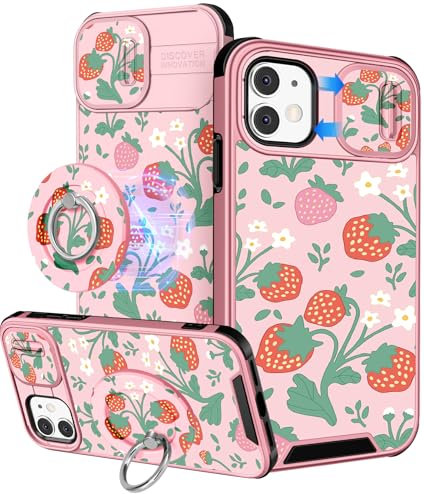 VincitoreModa for iPhone 11 Case Women - [2in1] Cute Girls Strawberry Compatible with MagSafe Ring Stand Girly Slide Camera Cover Pretty Design for Apple for iPhone 11 Phone Case 6.1