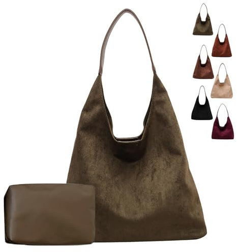 Generisch Suede Hobo Bag Damen Vintage Leather Tote Bag for Women Wildleder Tasche Damen-shopper Slouchy Handtasche uni Bag Shoulder Bag Women(Grün)